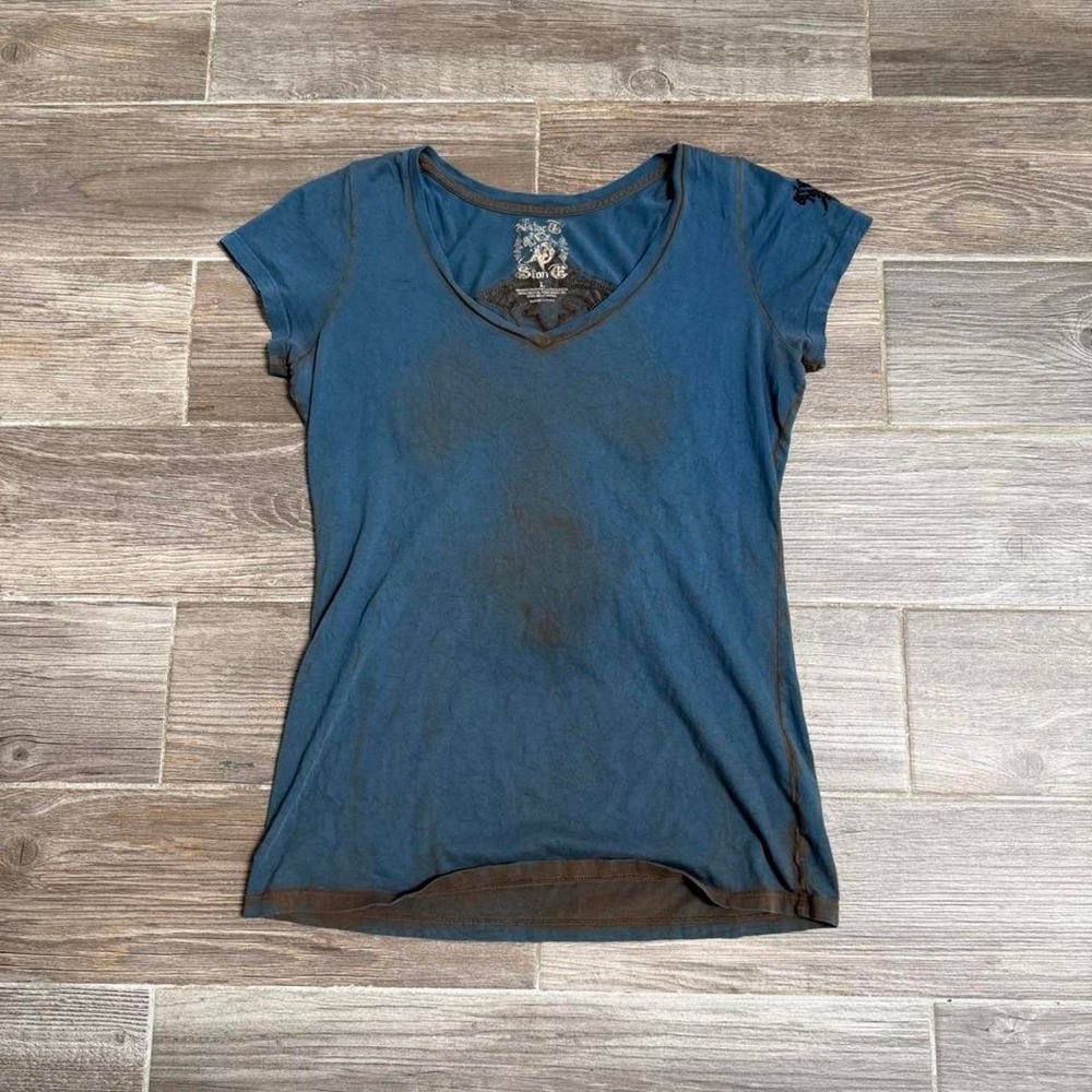 Y2K affliction type grunge blue & brown leather cross baby tee size L